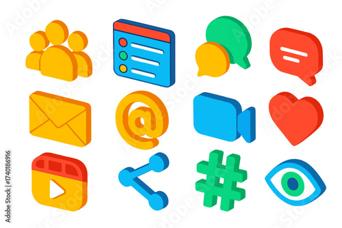 Vibrant Community Icons. Isometric vector icon set community building: group users, forum menu, chat bubbles, message bubble,