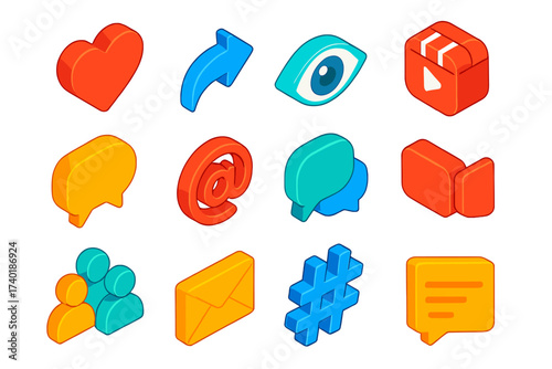 Vibrant Social Media Icons. Isometric vector icon set audience engagement: heart like, share arrow, stories eye, reels play,