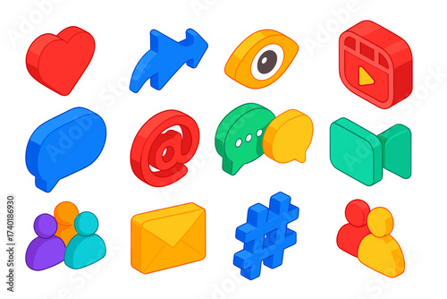 Vibrant Social Media Icons. Isometric vector icon set audience engagement: heart like, share arrow, stories eye, reels play,