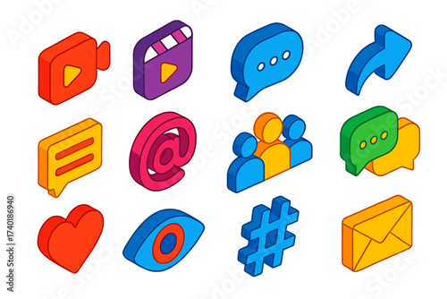 Colorful Icon Set. Isometric vector icon set creator tools: video call camera, reels play, message bubble, share arrow, forum menu