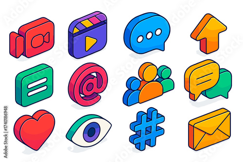 Colorful Icon Set. Isometric vector icon set creator tools: video call camera, reels play, message bubble, share arrow, forum menu