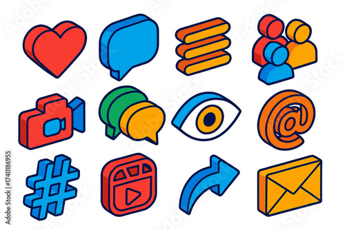 Vibrant Social Media Icons. Isometric vector icon set followers engagement: heart like, message bubble, forum menu, group users,