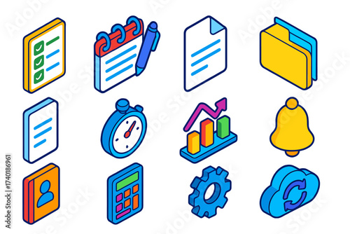 Vibrant Planner Icons. Isometric vector icon set organization planner: checklist, notepad pen, calendar date, document file,