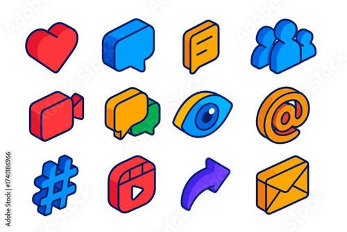 Vibrant Social Media Icons. Isometric vector icon set followers engagement: heart like, message bubble, forum menu, group users,