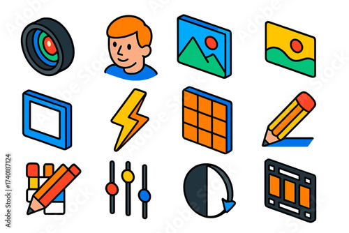 Vibrant Photography Icons. Isometric vector icon set professional photography: camera lens, portrait face, gallery mountain,