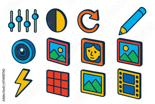Isometric Icon Set. Isometric vector icon set editing suite: filter sliders, contrast circle, rotate arrow, edit pencil, camera