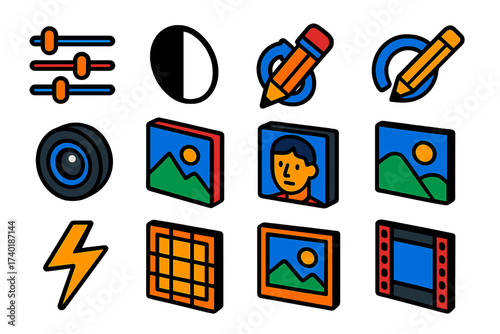 Isometric Icon Set. Isometric vector icon set editing suite: filter sliders, contrast circle, rotate arrow, edit pencil, camera