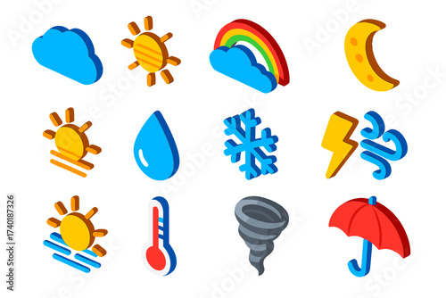 Weather Icon Set. Isometric vector icon set sky conditions: cloud, sun haze, rainbow, moon, sun, rain drop, snowflake, thunderbolt