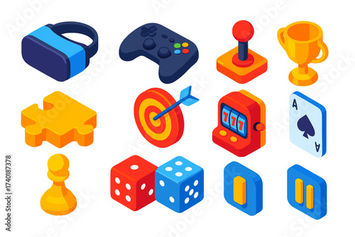 Immersive Gaming Icons. Isometric vector icon set immersive gaming: VR headset, controller, gamepad, joystick, puzzle piece,