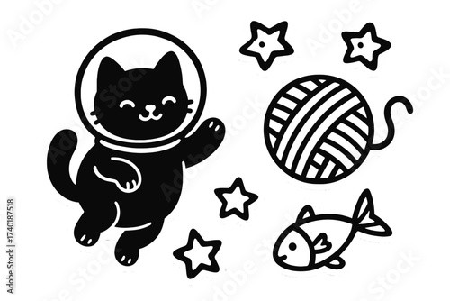 Space Cat Adventure. Vector doodle stickers: space cat in a helmet, floating yarn planet, cute fish-shaped stars, playful style,