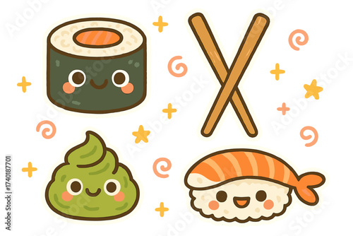 Cheerful Sushi Stickers. Adorable doodle stickers: sushi rolls with eyes, chopsticks smiling, wasabi with a face, cheerful doodle
