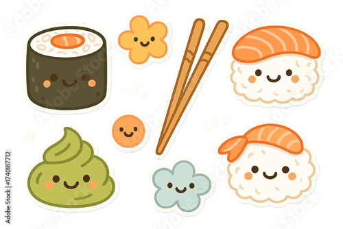 Cheerful Sushi Stickers. Adorable doodle stickers: sushi rolls with eyes, chopsticks smiling, wasabi with a face, cheerful doodle
