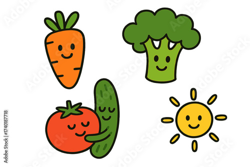 Smiling Vegetable Stickers. Bright doodle stickers: carrot smiling, broccoli with eyes, tomato and cucumber hugging, doodle charm,