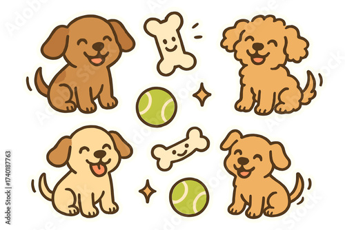 Happy Puppy Stickers. Adorable doodle stickers: happy puppies wagging tails, bones with smiles, tennis balls sparkling, cheerful