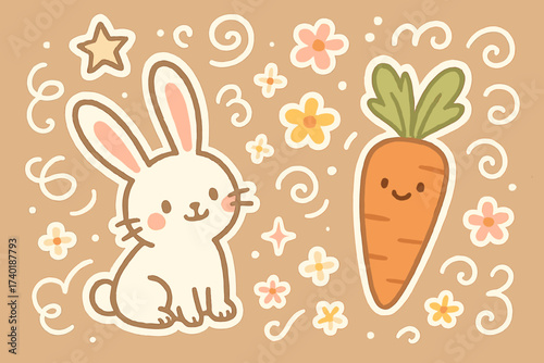 Magical Doodle Stickers. Magical doodle stickers: bunny with floppy ears, smiling carrot, tiny flowers, playful doodle details,