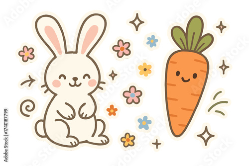 Magical Doodle Stickers. Magical doodle stickers: bunny with floppy ears, smiling carrot, tiny flowers, playful doodle details,