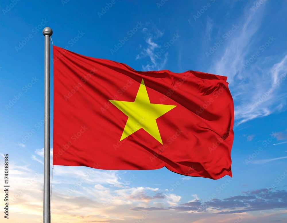 Naklejka premium Flag of Vietnam Waving Against a Sunset Sky