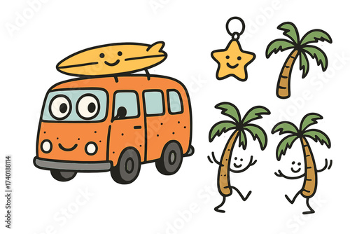 Whimsical Camper Doodle. Whimsical doodle stickers: camper van with eyes, surfboard smiling on the roof, palm trees dancing,