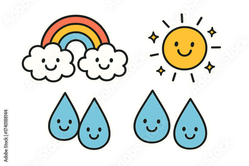 Cheerful Weather Stickers. Cheerful doodle stickers: rainbow hugging the clouds, raindrops with happy faces, sunshine sparkling,