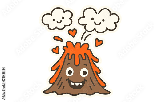 Playful Volcano Doodle. Lovely doodle stickers: volcano with a goofy face, lava hearts flowing, clouds smiling above, playful