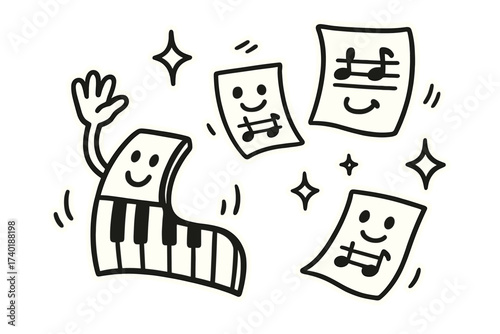 Playful Music Doodles. Playful doodle stickers: happy piano keys waving, floating music sheets with eyes, sparkles around,