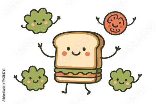 Whimsical Sandwich Stickers. Whimsical doodle stickers: happy sandwich, tiny lettuce and tomato slices waving, simplified doodle