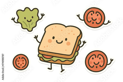 Whimsical Sandwich Stickers. Whimsical doodle stickers: happy sandwich, tiny lettuce and tomato slices waving, simplified doodle