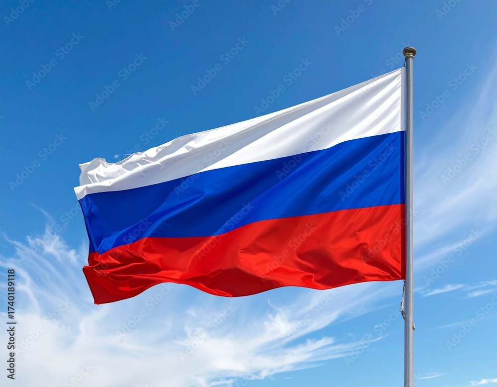 Fototapeta premium Flag of Russia Waving in a Clear Blue Sky