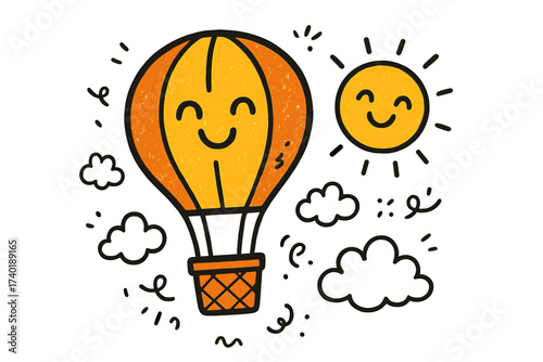 Joyful Balloon Doodle. Joyful doodle stickers: hot air balloon with happy eyes, tiny clouds floating, sun smiling, playful doodle