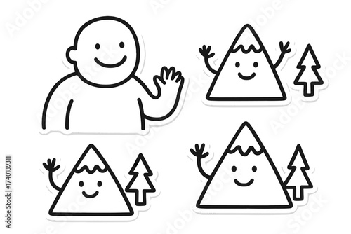 Playful Doodle Stickers. Funny doodle stickers: smiling giant, tiny mountains and trees waving, simplified doodle forms, white