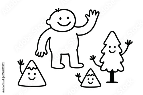 Playful Doodle Stickers. Funny doodle stickers: smiling giant, tiny mountains and trees waving, simplified doodle forms, white
