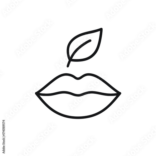 Minimalist line art of lips with a single leaf above