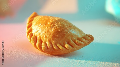 Golden fried pastry with crisp texture and colorful background