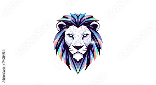 Bold geometric lion head with vibrant holographic mane captures strength and modern style for dynamic branding and design projects.