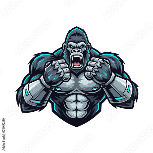 Fierce gorilla mascot with glowing blue accents ready for battle, exuding power and strength, perfect for esports and gaming teams.