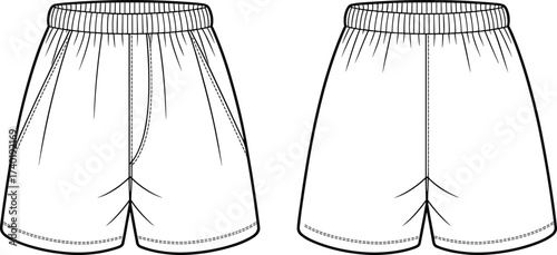 Men's shorts technical drawing, flat sketch, fashion CAD design, vector template, front and back view, elastic waist shorts, garment illustration