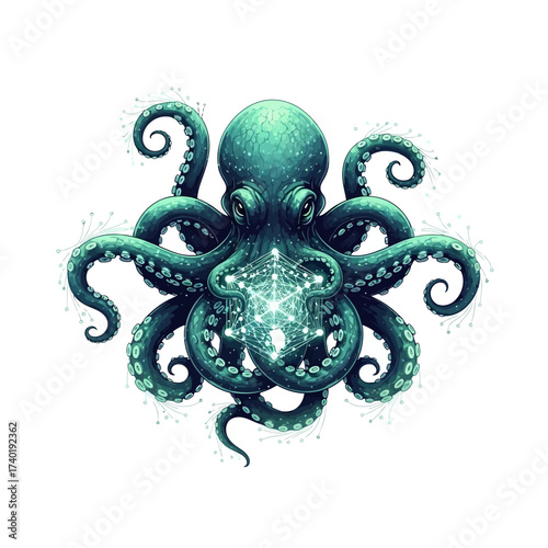 Mysterious deep-sea octopus with intricate glowing geometric pattern at its center evokes wonder and technological advancement