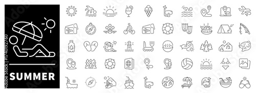 Summer, sun, ice cream, beach items, sunglasses, and warm weather in a bright 50-icon linear summer set