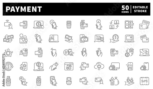 Payment icons set: editable line icons with outline style for finance and transactions