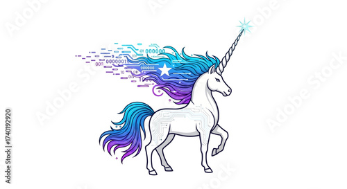 Magical digital unicorn fusing fantasy with futuristic technology and data streams, symbolizing innovation and breakthrough ideas.