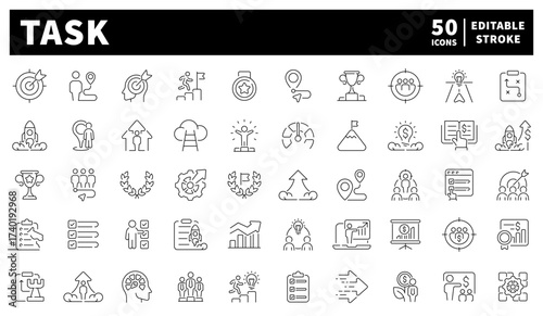 Task management icons set – editable line icons, linear, productivity and workflow symbols