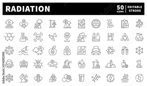 Radiation icons set: editable line icons, outline, nuclear, and chemical symbols
