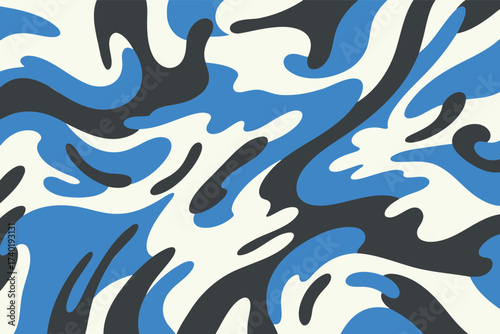 Blue Camouflage Seamless Pattern Modern Black and White Camo Design
Abstract Blue Black White Camouflage Vector Texture Background
Urban Blue Camouflage Seamless Print for Fabric and Fashion Design