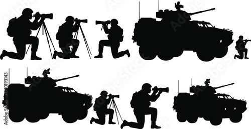 Military soldier silhouettes with binoculars, armored vehicles, reconnaissance equipment, tactical surveillance, and army observation poses in black vector illustration design
