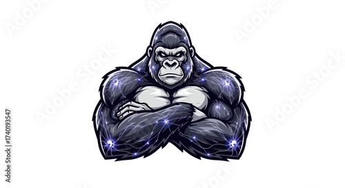 Powerful gorilla mascot radiating electric energy, embodying strength and modern technological prowess for dynamic branding