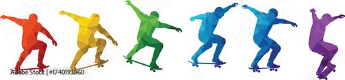 Polygon colorful skateboarder silhouettes performing tricks, geometric low poly vector illustration set of skaters in motion, extreme sport artwork design collection