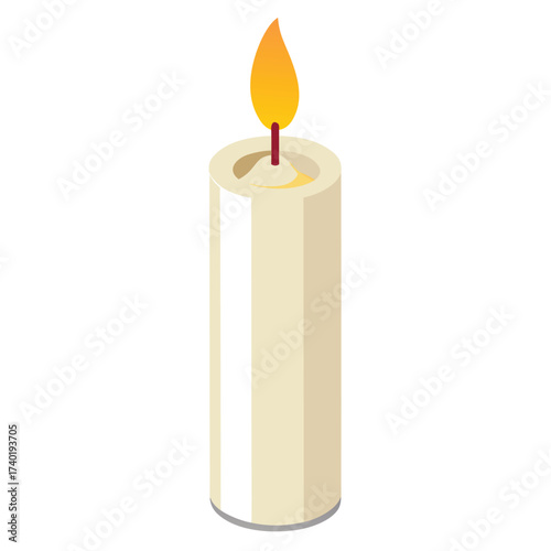 A close-up of an isolated, lit, tapered white candle with a glowing wick, representing warmth, light, and a holiday centerpiece.