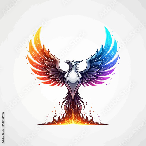 Stunning digital phoenix bursts from vibrant flames, wings ablaze with futuristic circuit patterns in a powerful symbol of rebirth and innovation