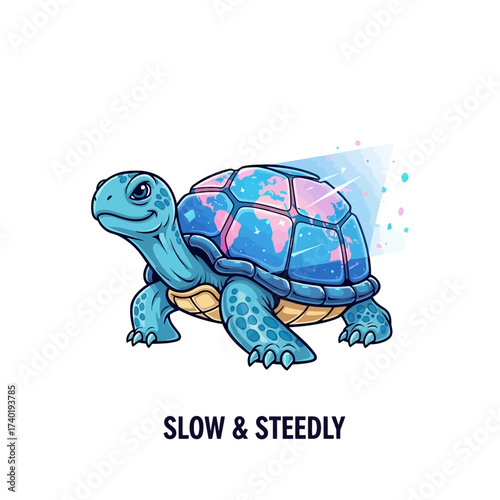 Whimsical turtle with globe shell symbolizes steady progress and enduring journeys, inspiring perseverance and global connection