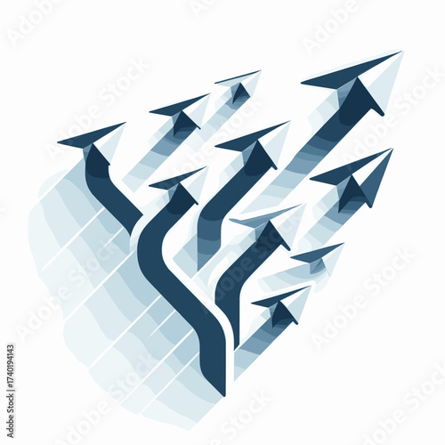 Paper airplanes flying upward in various directions on light background  